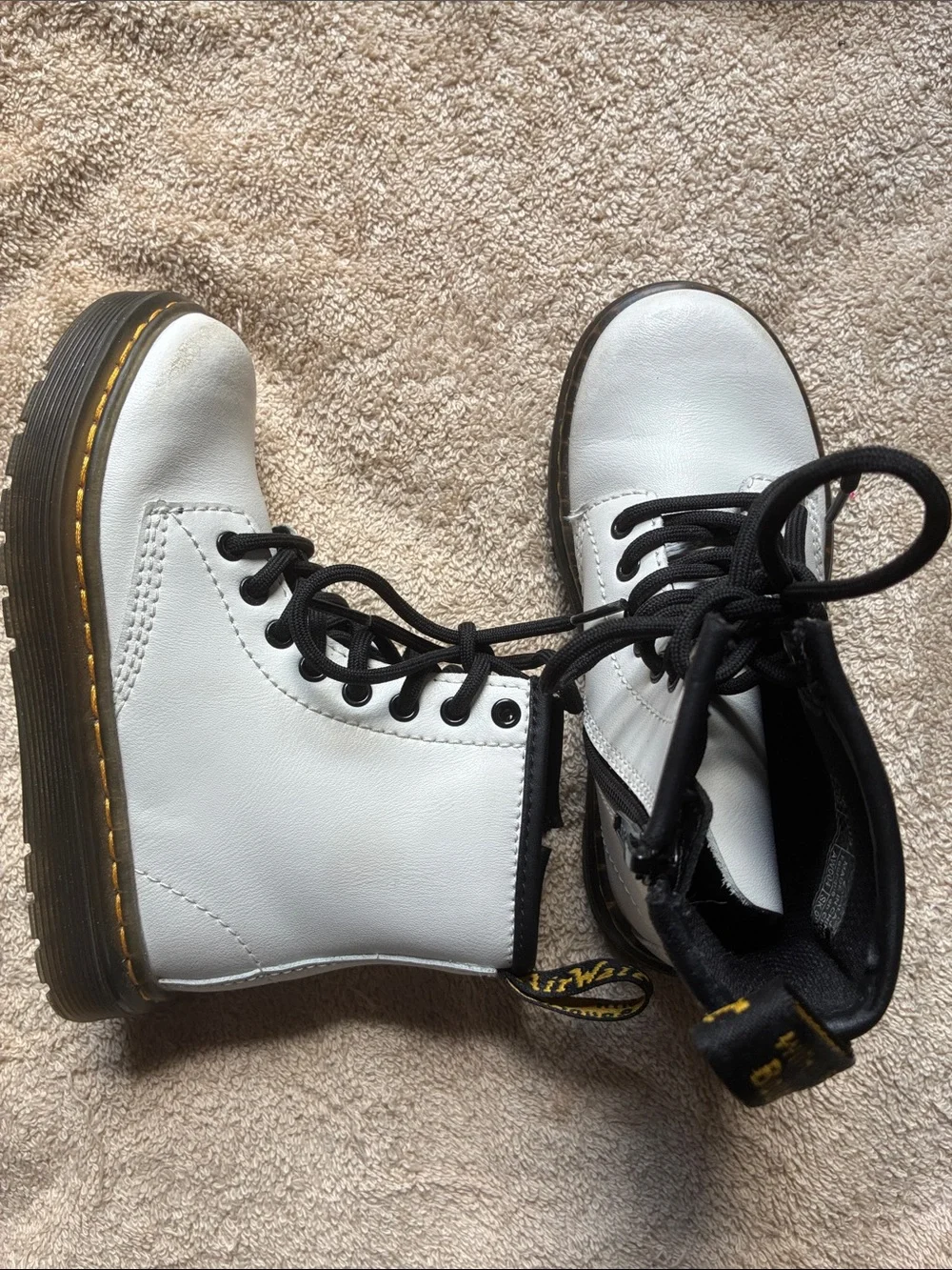 Dr. Martens 11 Kids White Lace-Up Combat Boots with Black Accents